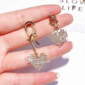 BOHO Unmatched Golden Knot with Crystals Heart Earrings